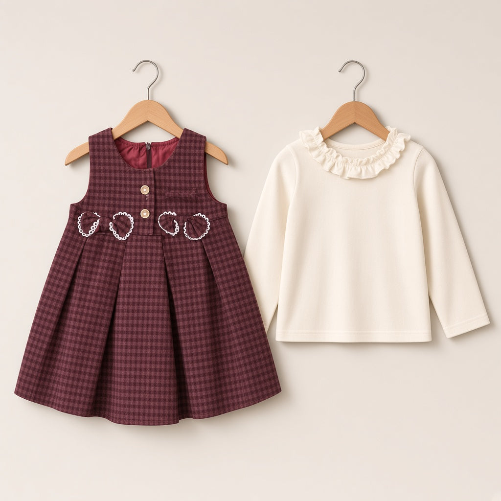 Girls Winter Checkered Pleated Frock Set With Cream Ruffled Collar Inner Shirt