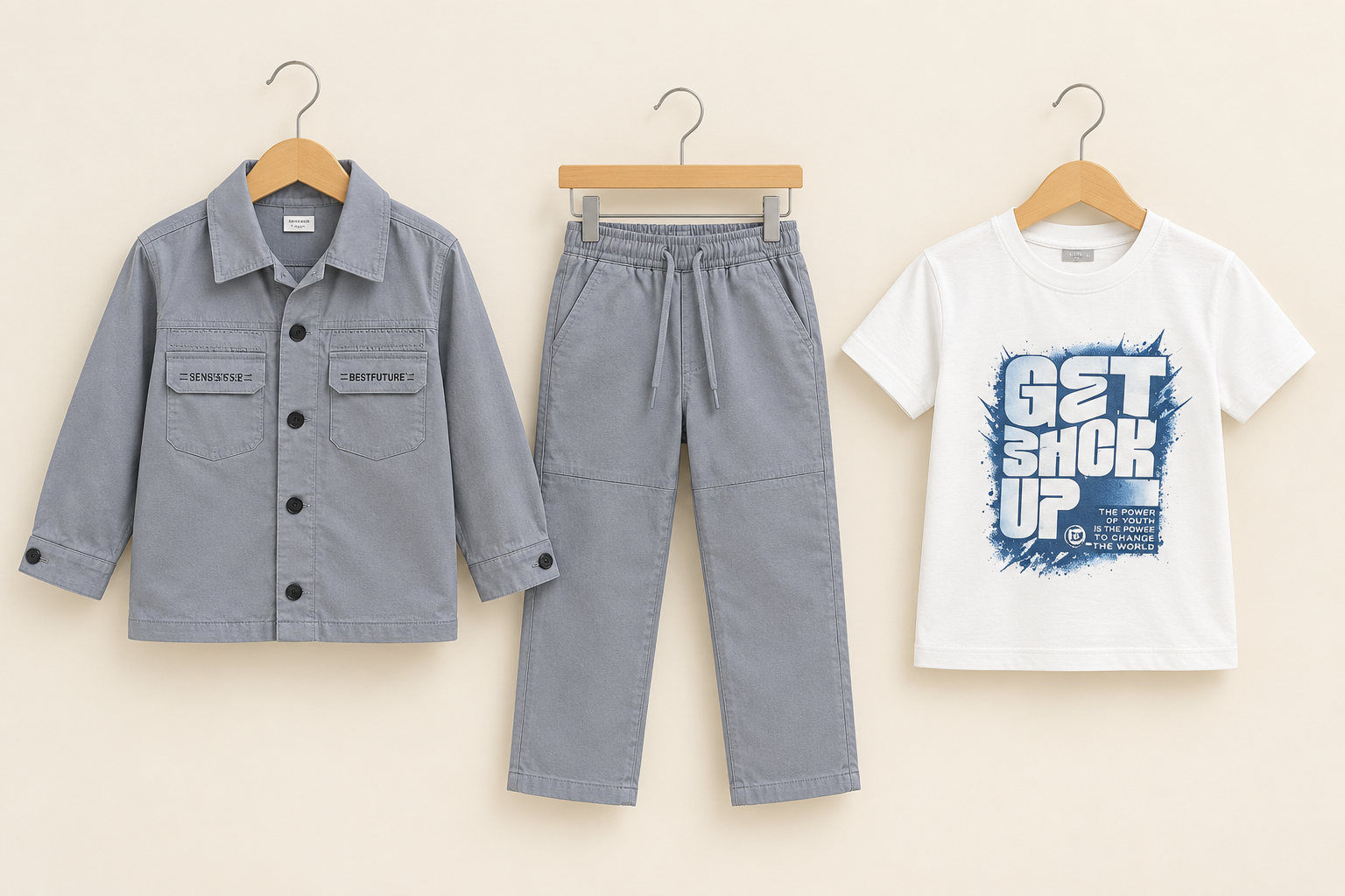 Boys 3-Piece Cotton Shirt Jacket Set With Printed T-Shirt And Matching Pants