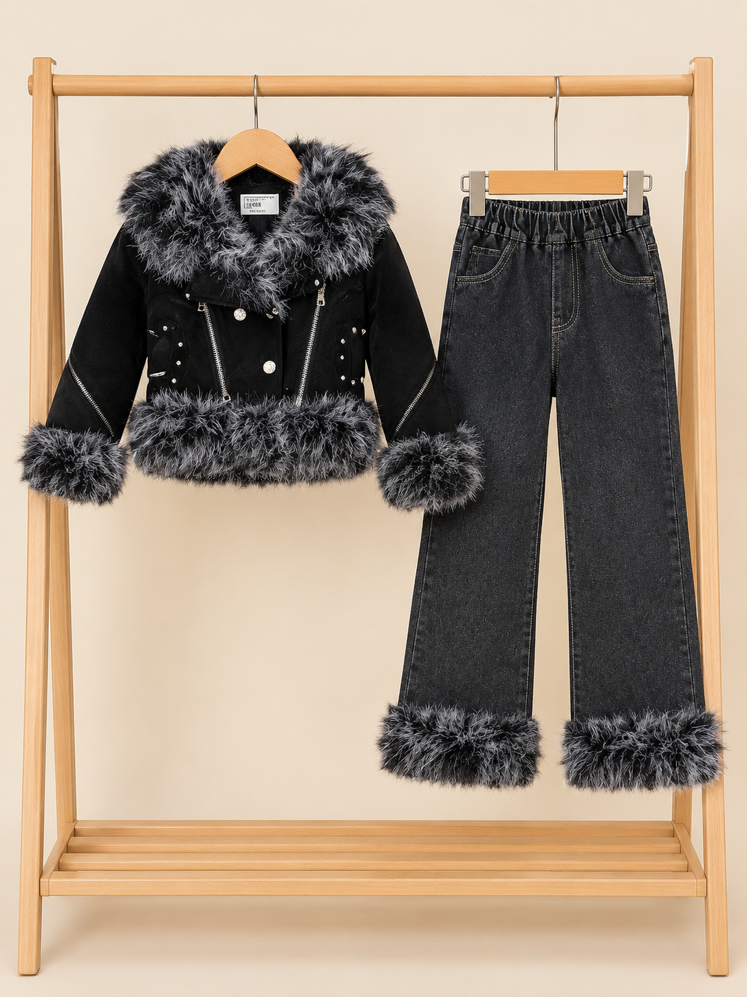 Girls Winter Faux Fur Trim Jacket And Matching Denim Trousers 2 Piece Outfit