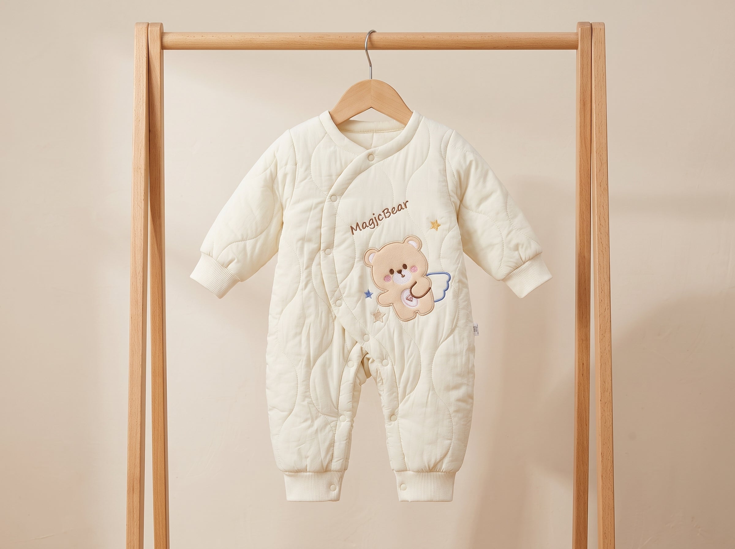 Baby Winter Quilted Romper Suit With Cute Bear Applique And Side Snap Closure