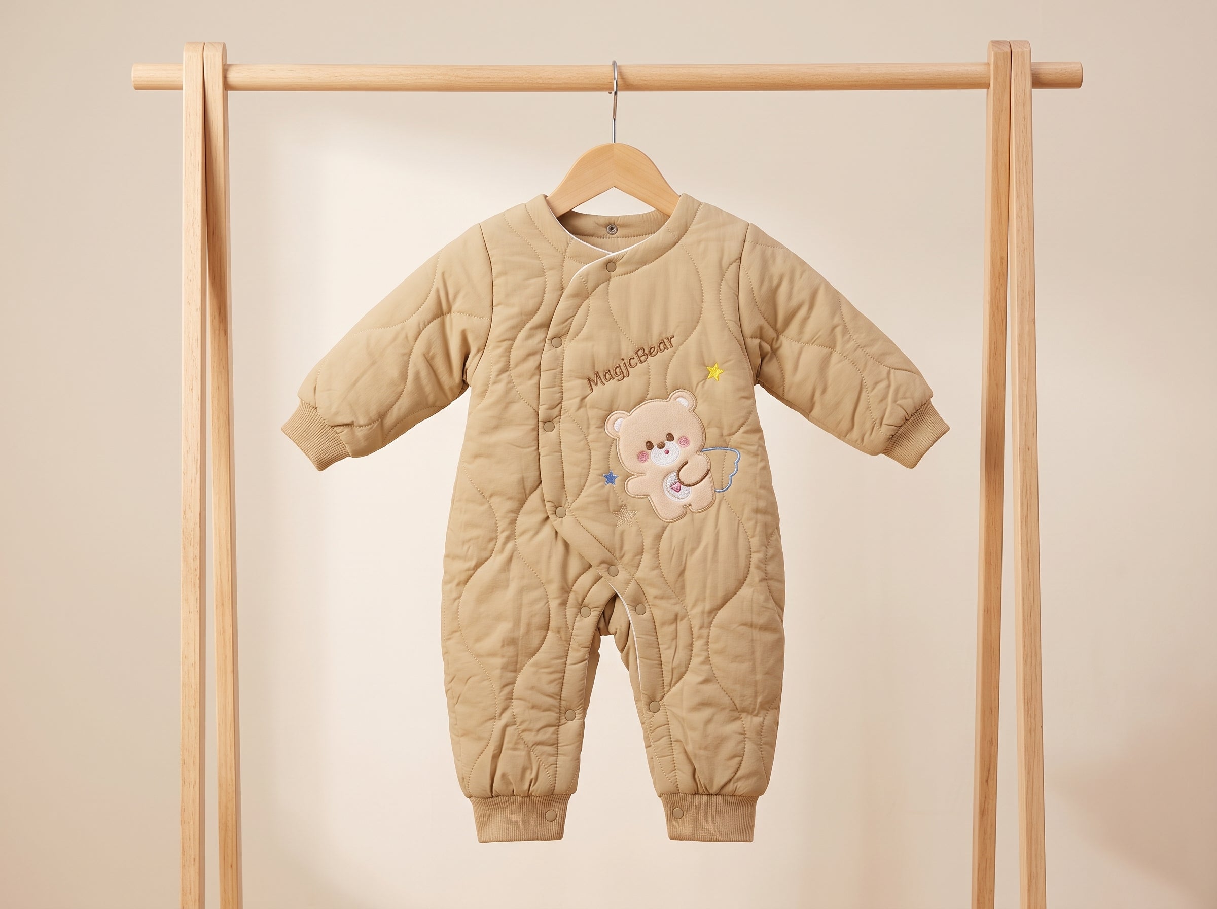 Baby Winter Quilted Romper Suit With Cute Bear Applique And Side Snap Closure