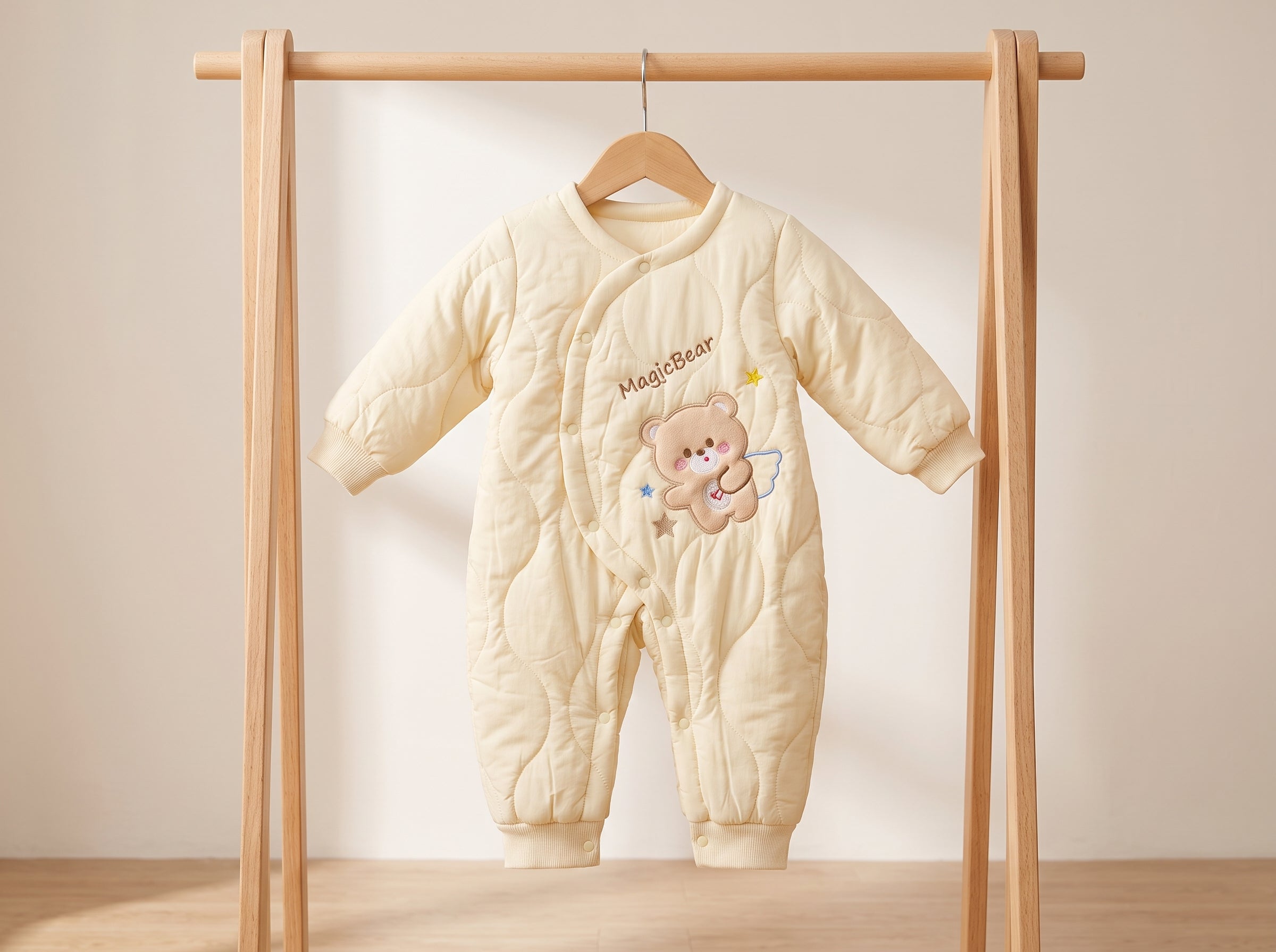 Baby Winter Quilted Romper Suit With Cute Bear Applique And Side Snap Closure