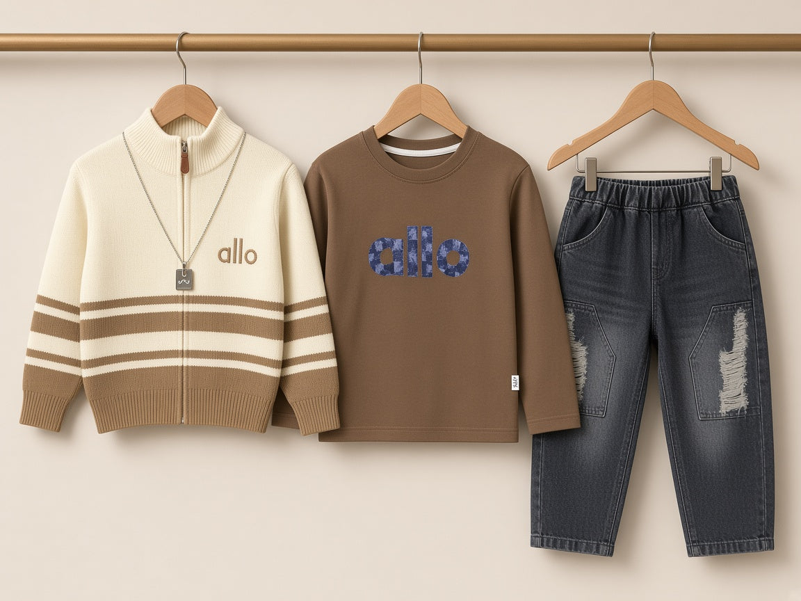 Stylish Kids Three Piece Zipper Cardigan Tee And Distressed Jeans Set
