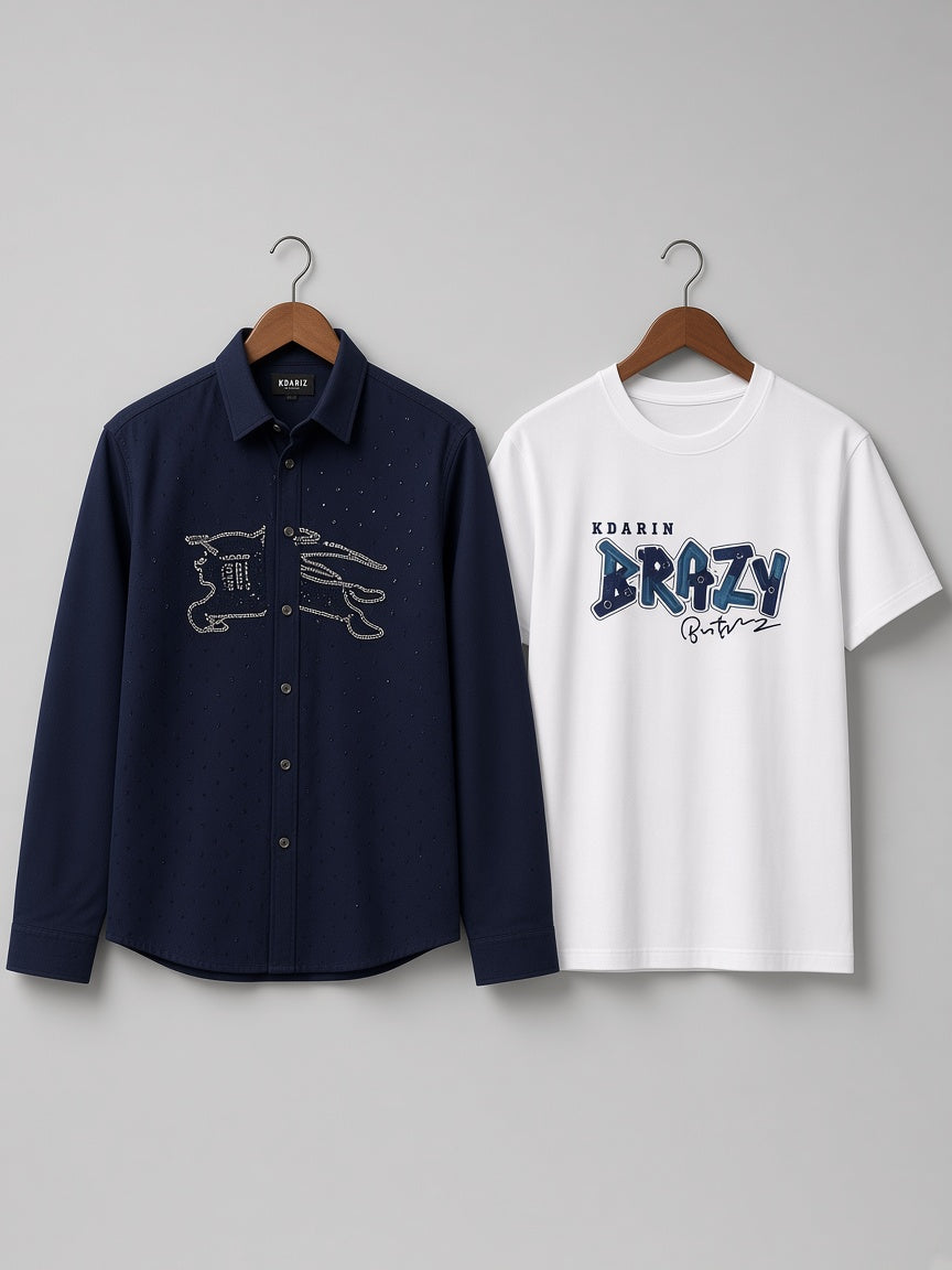 Stylish Dark Blue Formal Shirt With Elegant Design And Matching White Printed T Shirt Set