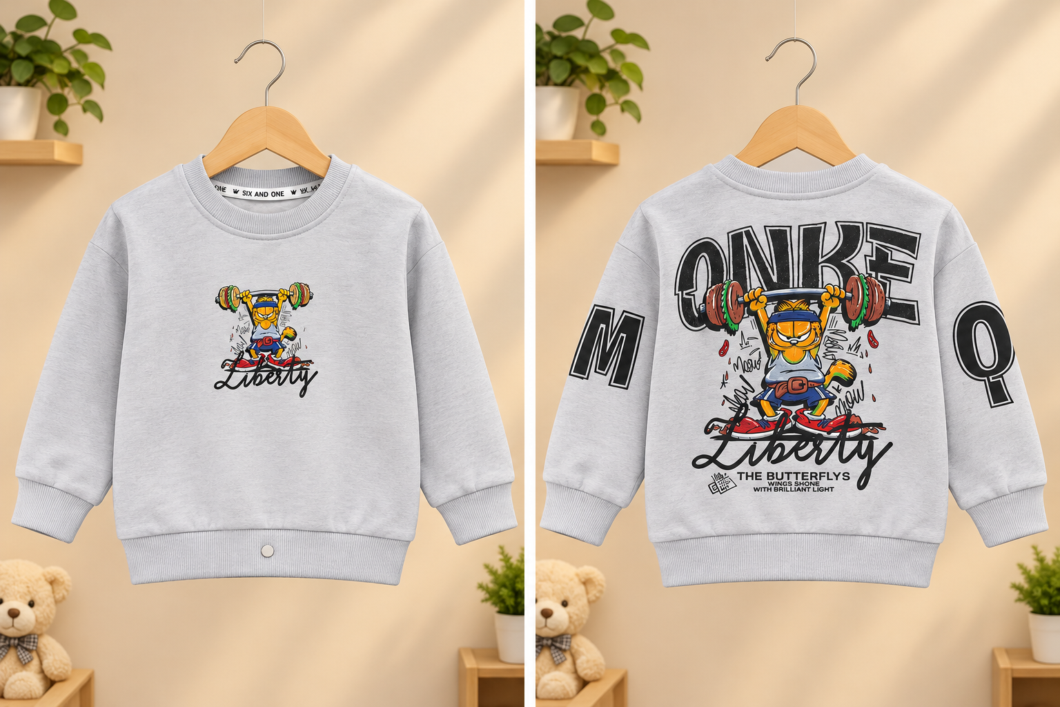Kids Winter Printed Fleece Sweatshirt Weightlifting Garfield Graphic Front And Back Printed
