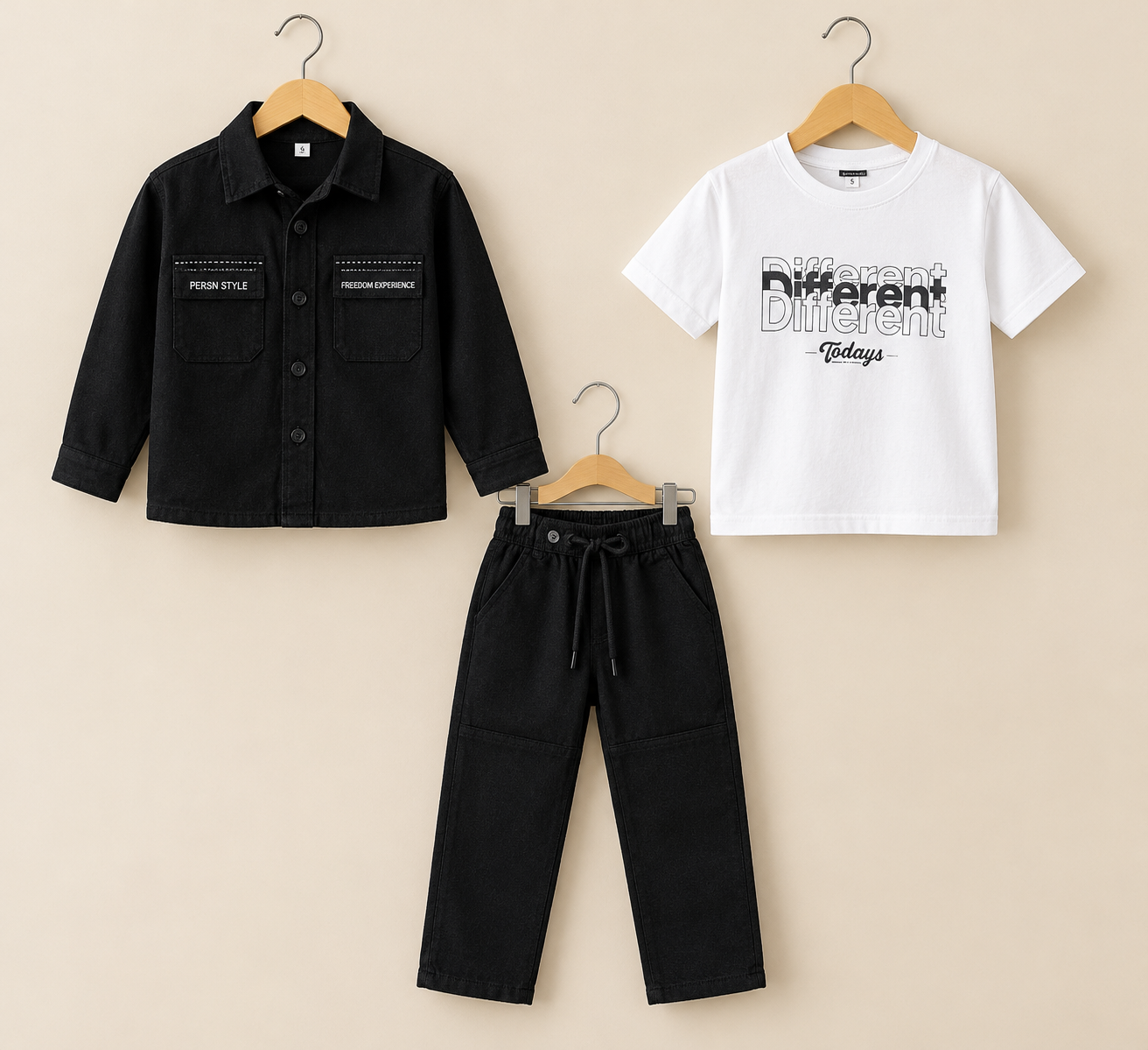 Boys 3-Piece Cotton Shirt Jacket Set With Printed T-Shirt And Matching Pants
