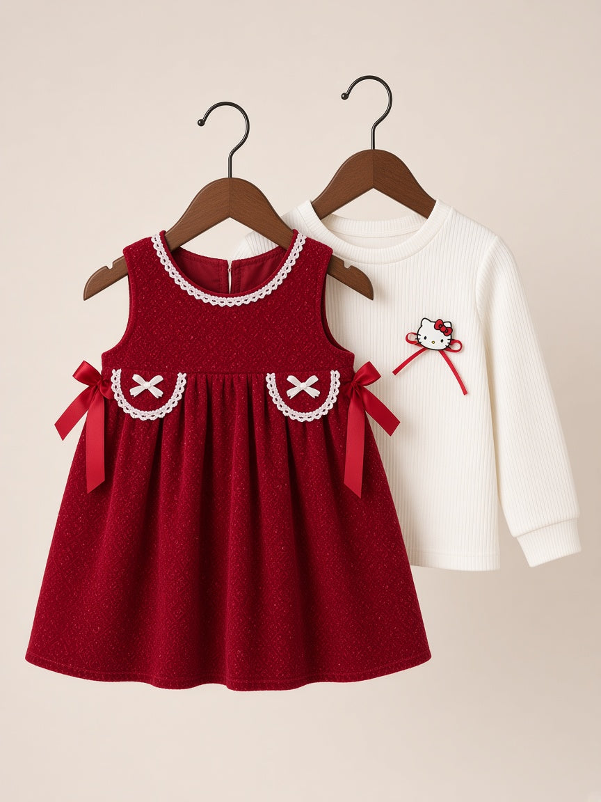 Cute Baby Girls Two Piece Outfit Set With Sleeveless Frock And Matching Shirt