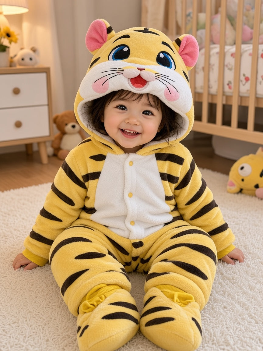 Cute Tiger Hooded Fleece Baby Romper Warm Winter Animal Jumpsuit Costume Outfit