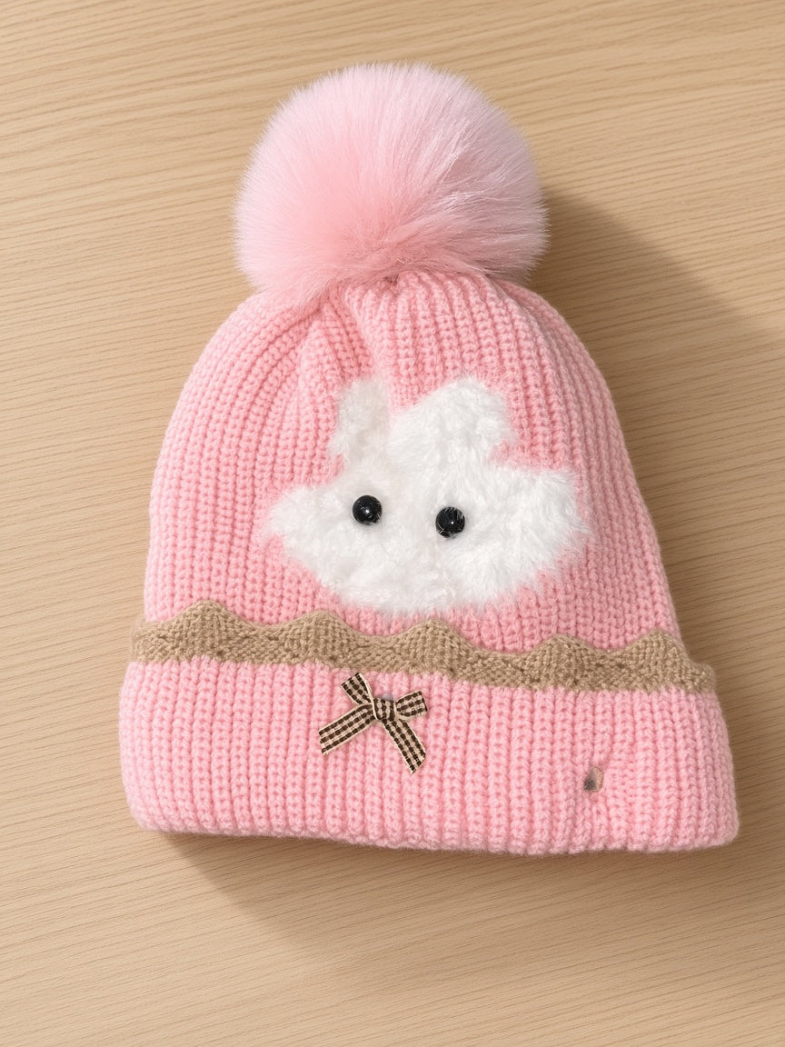 Kids Winter Knit Pom Pom Beanie Hat With Fluffy Bunny Applique And Bow