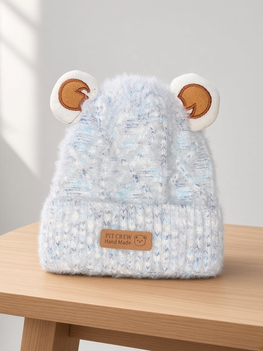 Kids Winter Fluffy Knit Beanie Hat With Bear Ears And Hand Made Patch