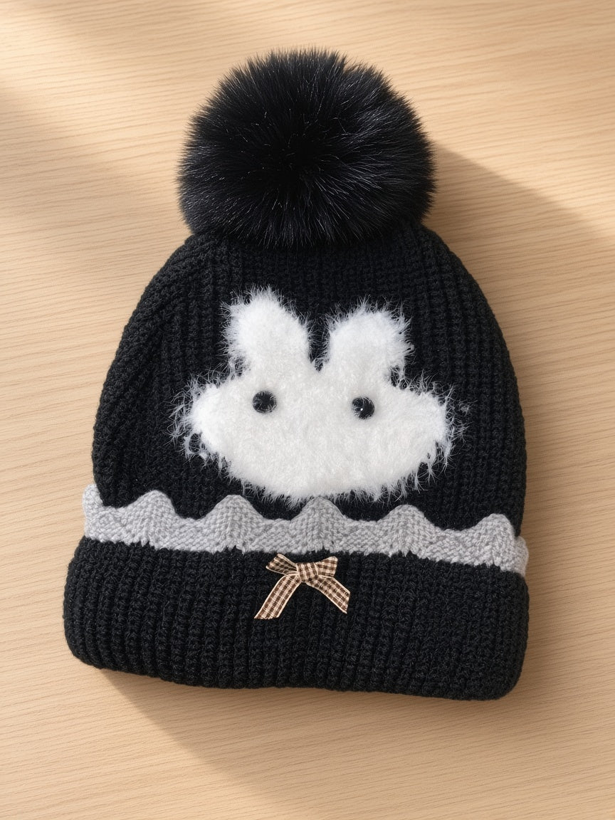 Kids Winter Knit Pom Pom Beanie Hat With Fluffy Bunny Applique And Bow