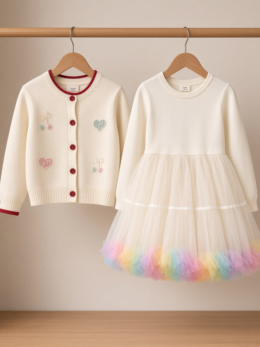 Stylish Kids Two Piece Embroidered Cardigan And Tulle Dress Outfit Set