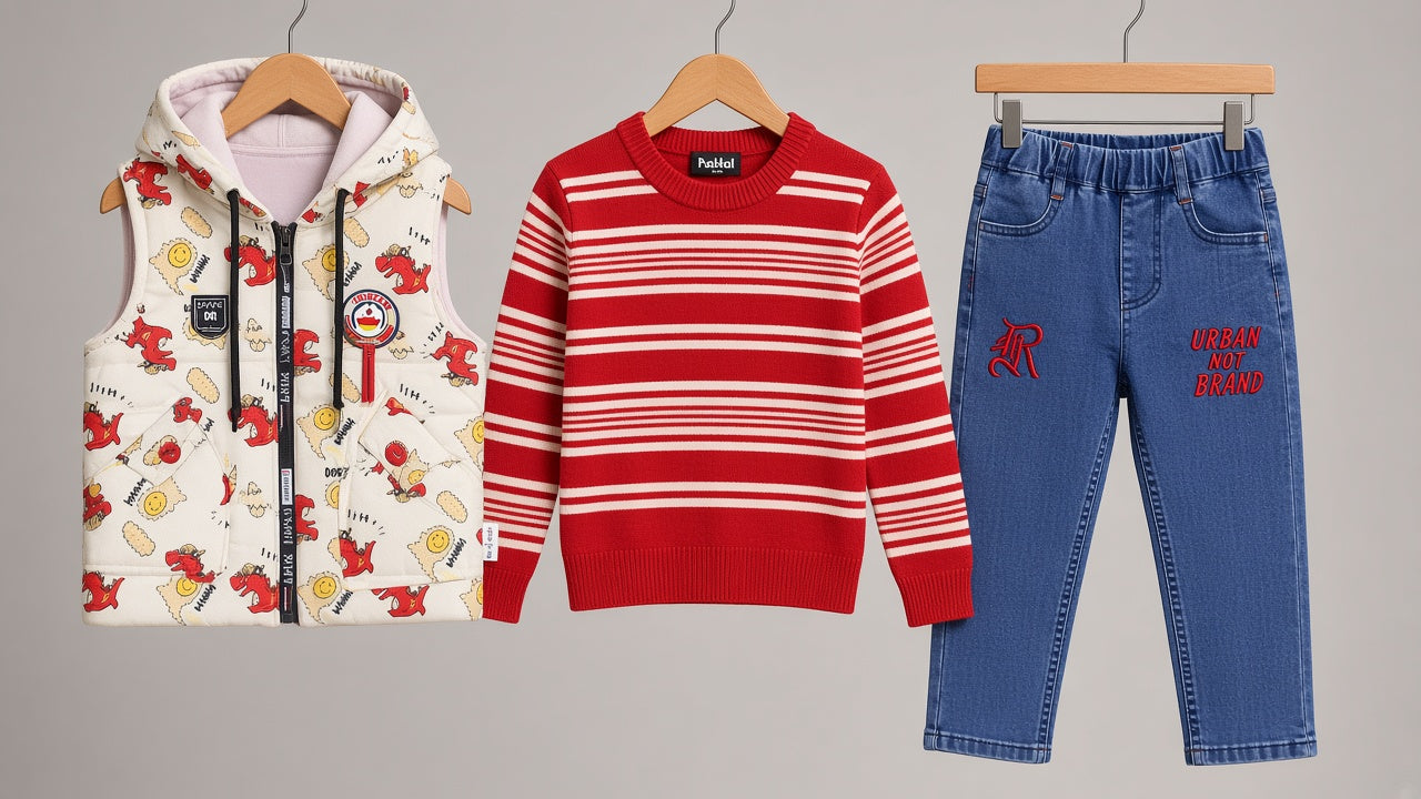 Stylish Kids Three Piece Checkerboard Vest Sweater And Denim Set
