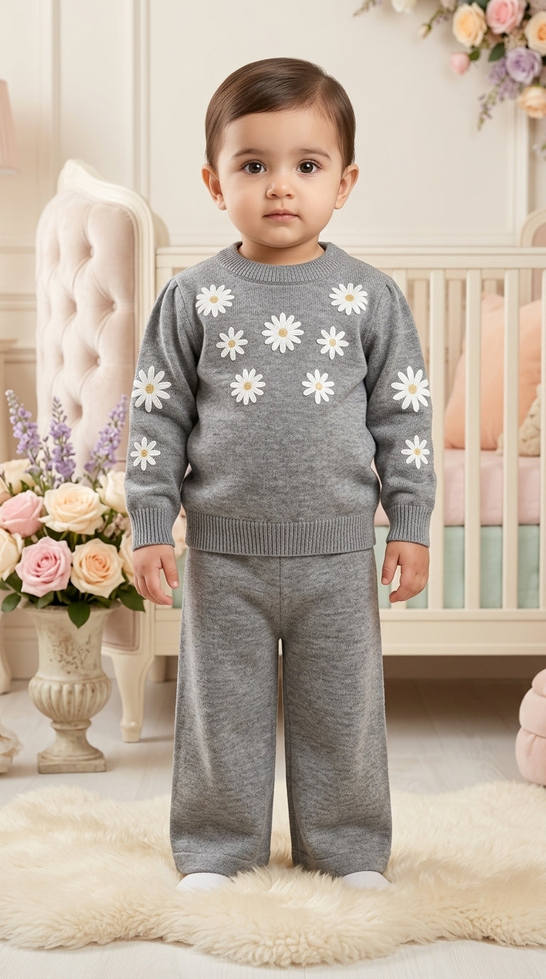 Toddler Girls Floral Daisy Knit Sweater and Trouser Two Piece Winter Warm Clothing Set
