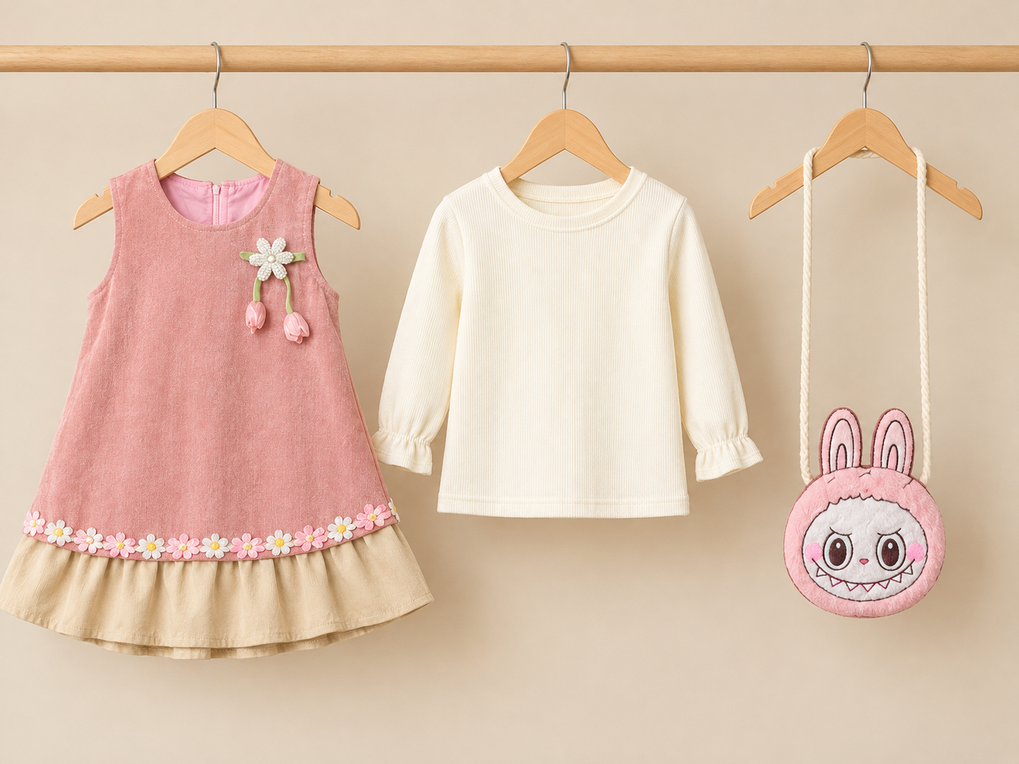 Girls Winter 3-Piece Corduroy Frock Set With Inner Top And Cute Crossbody Bag