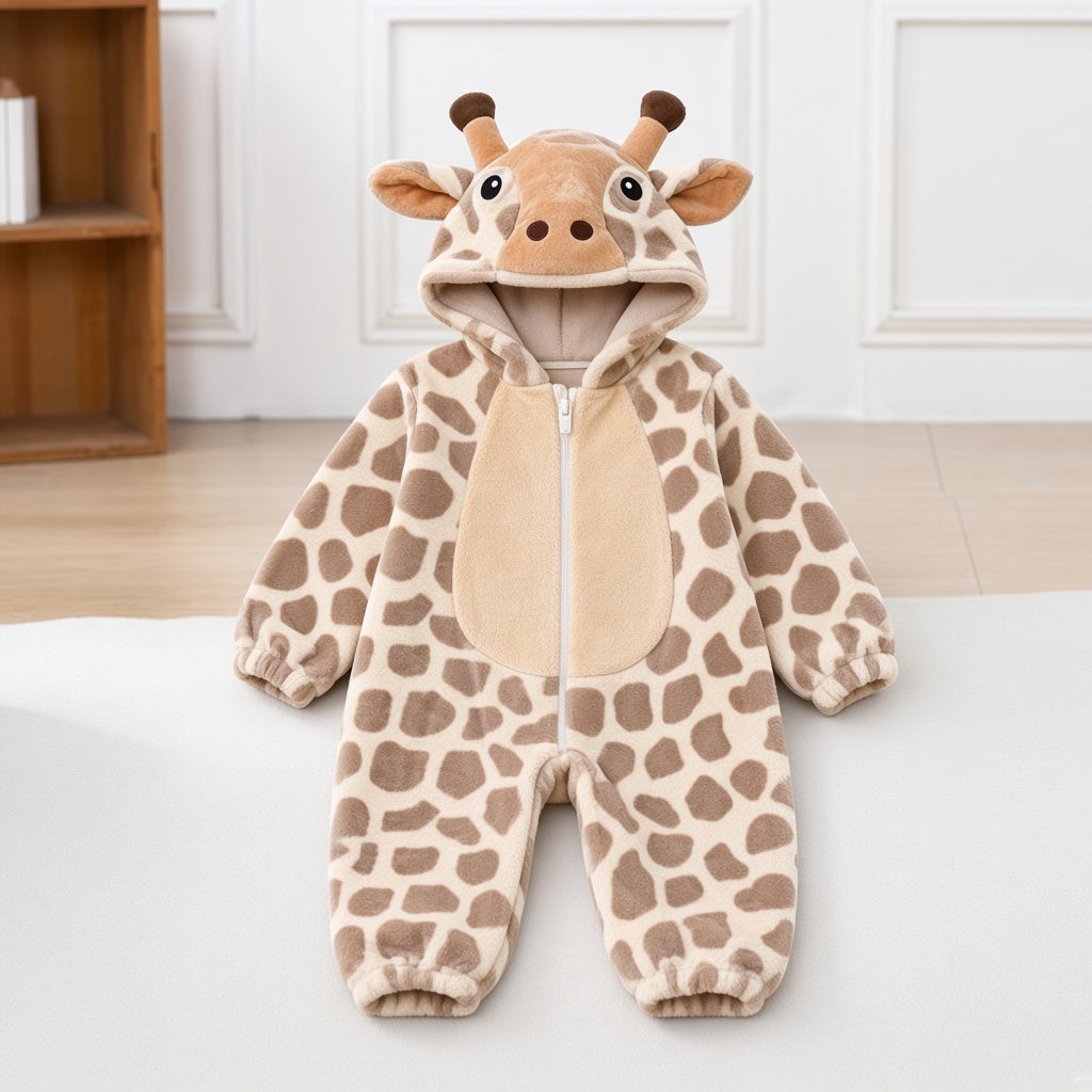 Baby Winter Cute Animal Giraffe Fleece Hooded Romper Jumpsuit Pajamas Onesie
