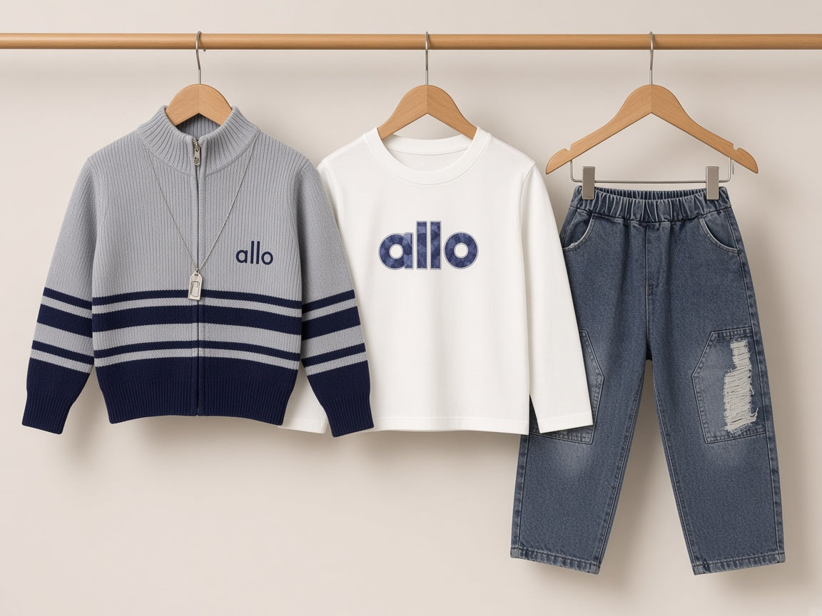 Stylish Kids Three Piece Zipper Cardigan Tee And Distressed Jeans Set