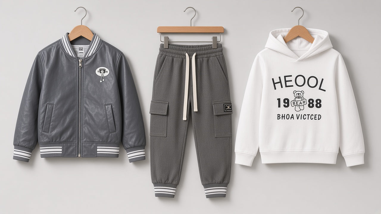 Kids Winter 3-Piece Leather Bomber Jacket Hoodie And Cargo Trousers Tracksuit Set