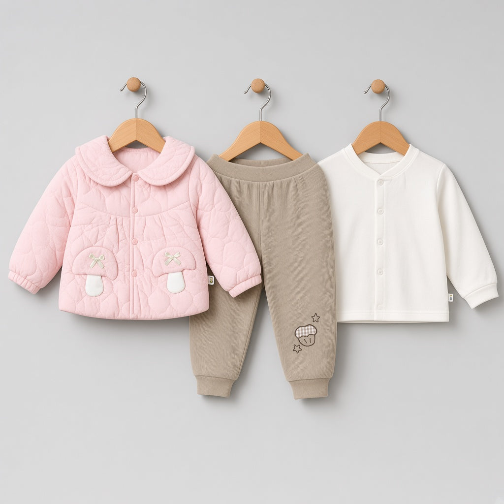 Baby Winter 3-Piece Quilted Mushroom Pocket Jacket White Inner Shirt And Trousers Set