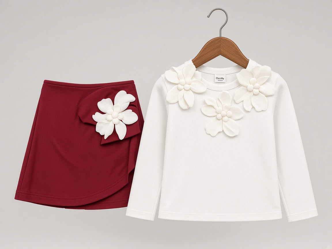 Stylish White Top With Floral Applique And Matching Pink Skirt Set For Cute Little Girls