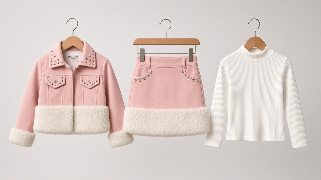 Girls Winter 3-Piece Fur Trimmed Jacket Skirt Set With Ribbed Inner High Neck