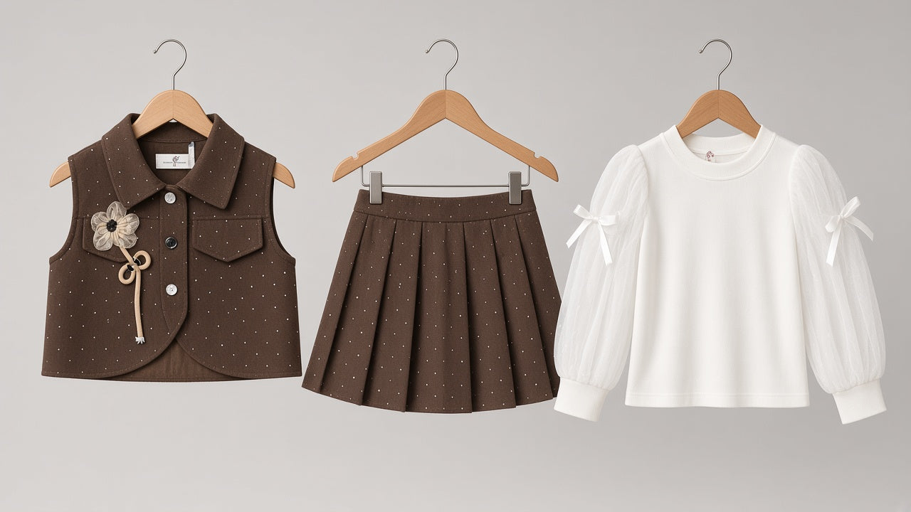 Chic Girls Button Vest With Floral Applique Matching Pleated Skirt And Long Sleeve Tee