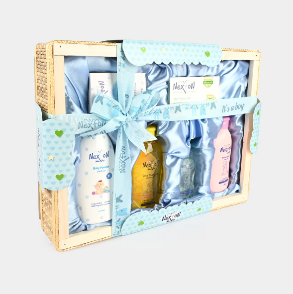 Nexton Baby Gift Basket - Complete Skincare Set for Newborn Boys (Large Cane Hamper)
