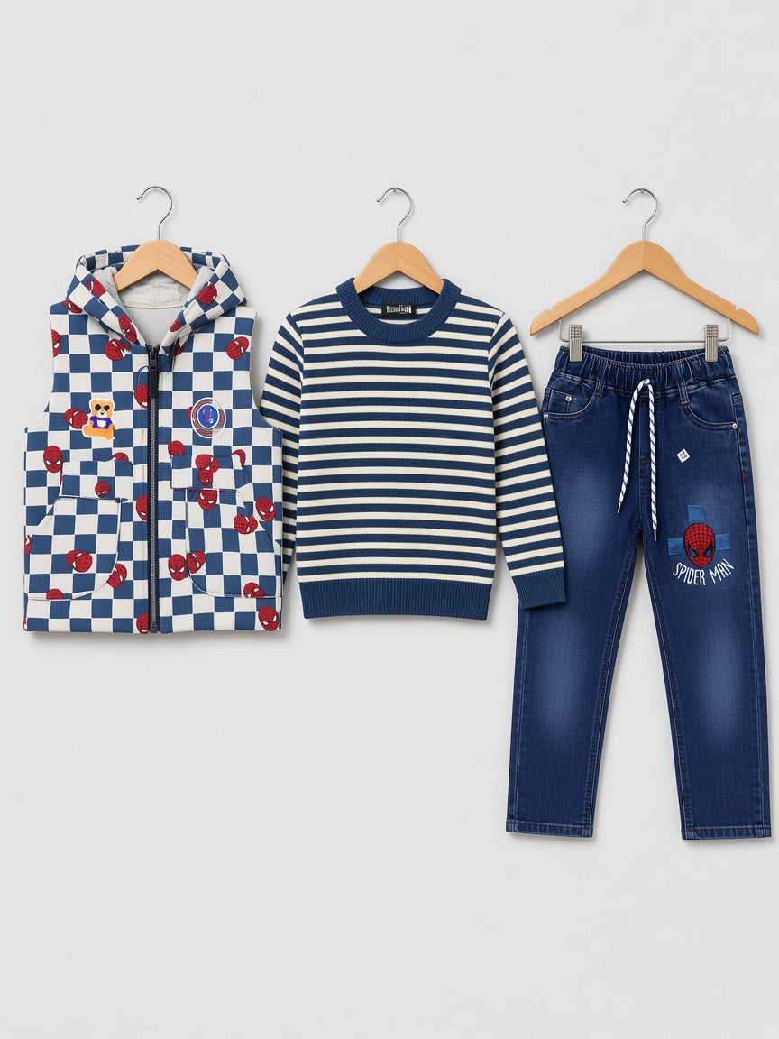 Stylish Kids Three Piece Checkerboard Vest Sweater And Denim Set