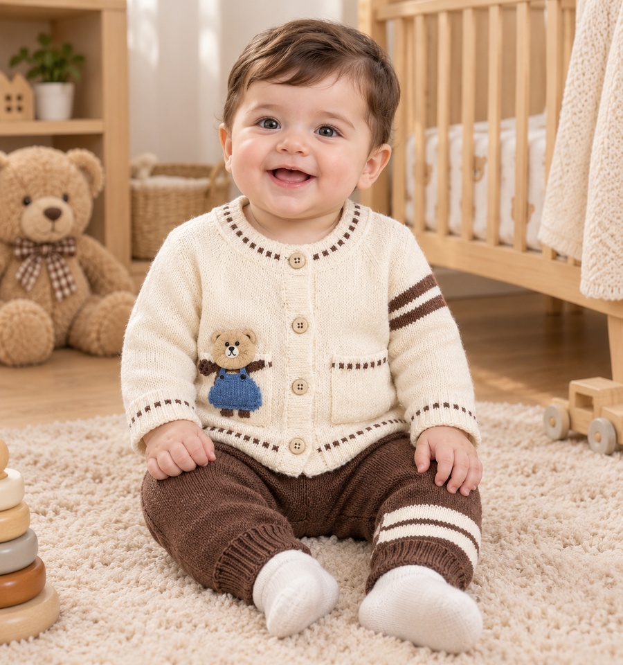 Baby Winter 2-Piece Knitted Teddy Bear Cardigan Sweater And Matching Trousers Suit Set