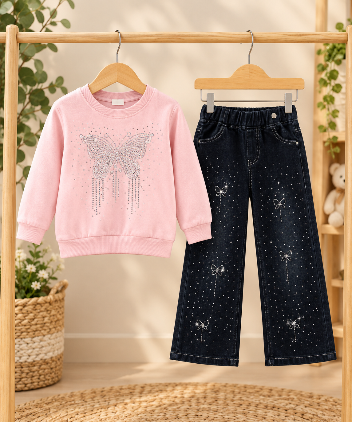 Girls Winter 2-Piece Rhinestone Bow Sweatshirt and Embellished Denim Jeans Outfit Set