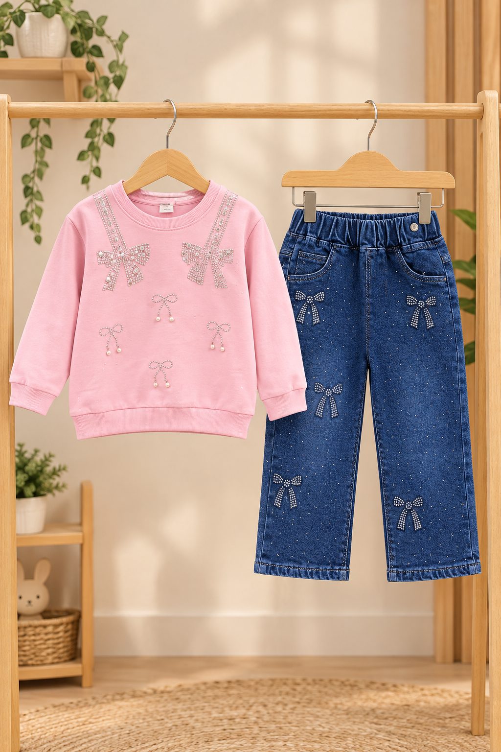 Girls Winter 2-Piece Rhinestone Bow Sweatshirt and Embellished Denim Jeans Outfit Set