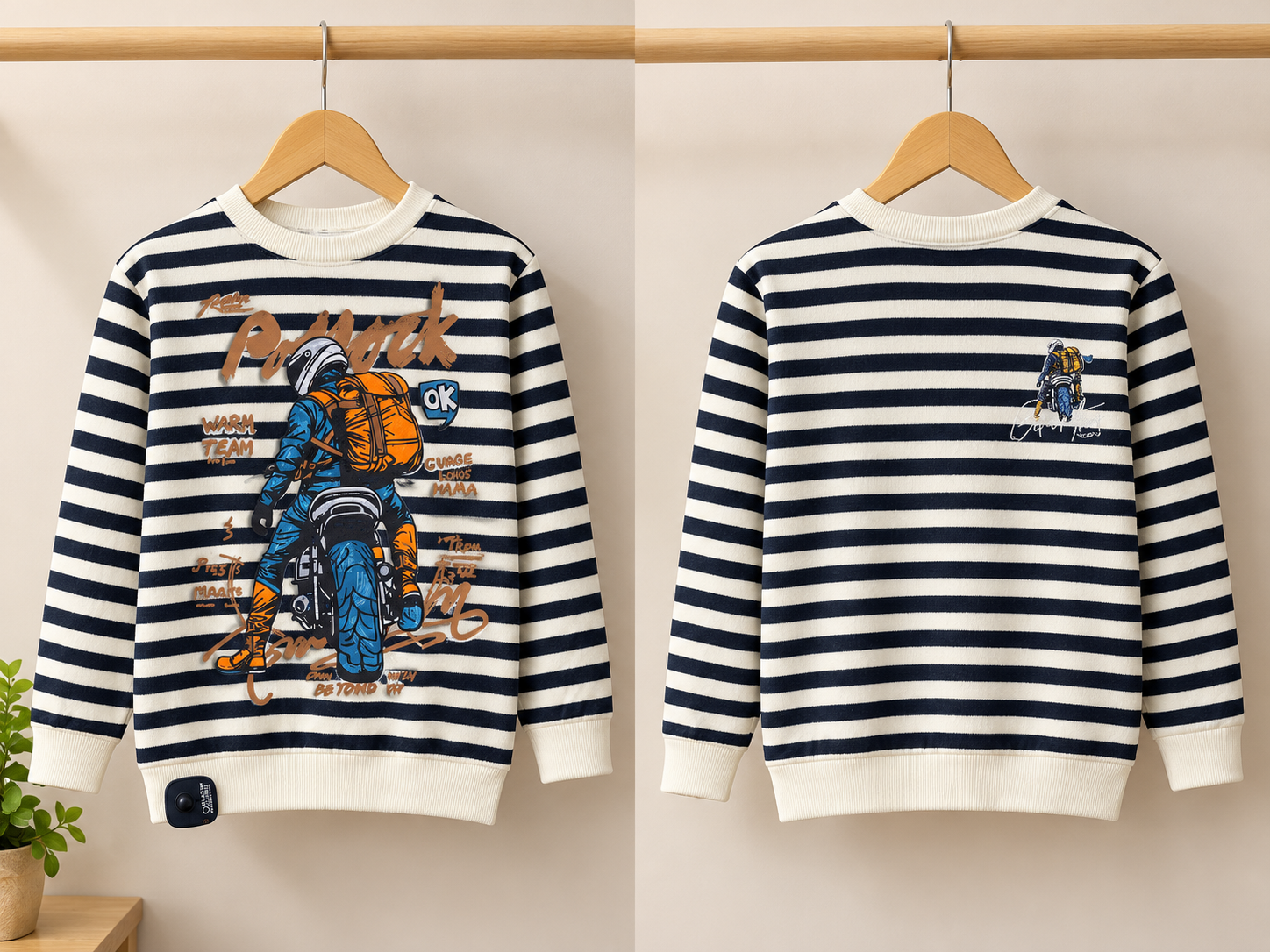 Kids Winter Striped Fleece Sweatshirt Motorcyclist Graphic Printed Front And Back Jumper