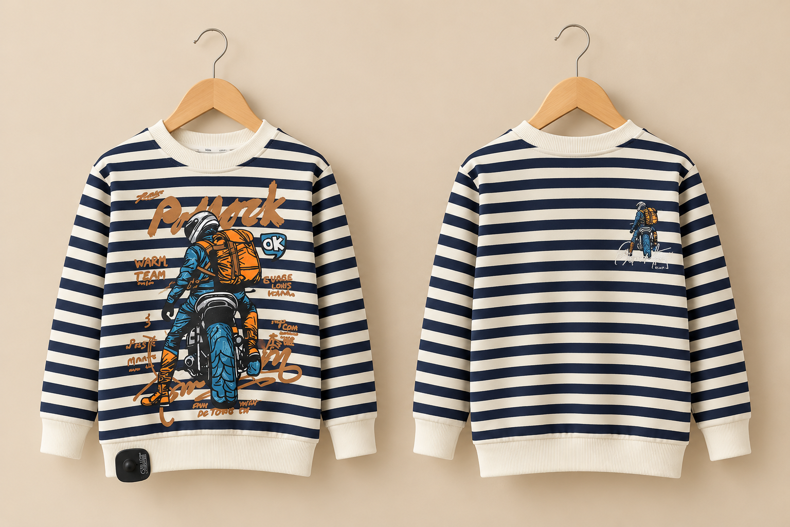 Kids Winter Striped Fleece Sweatshirt Motorcyclist Graphic Printed Front And Back Jumper