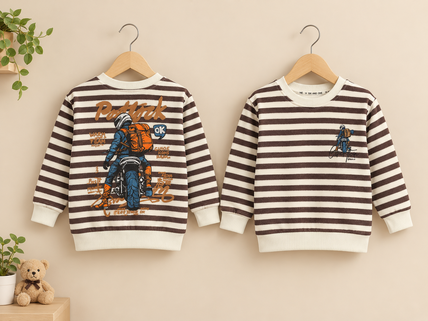 Kids Winter Striped Fleece Sweatshirt Motorcyclist Graphic Printed Front And Back Jumper