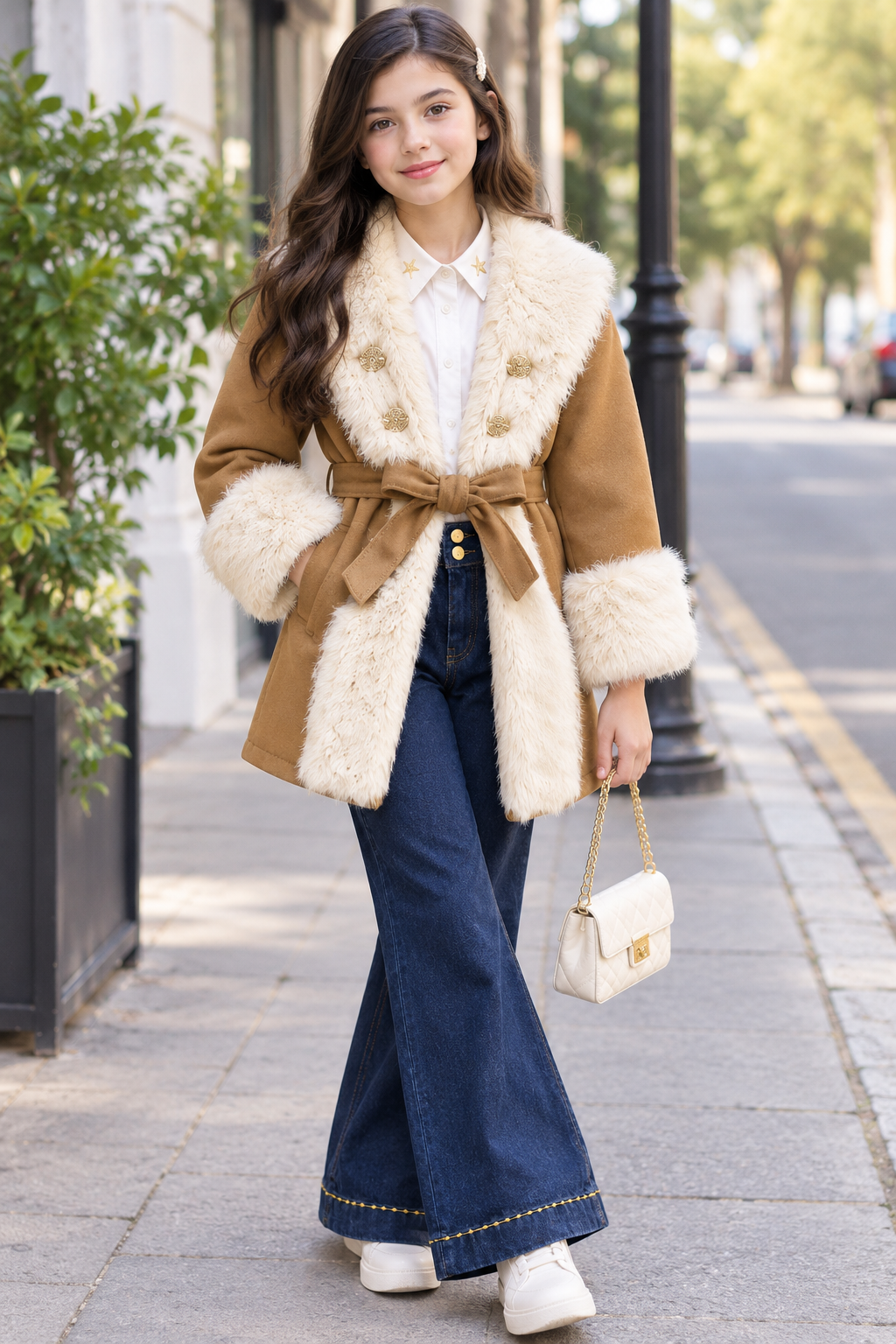 Girls Winter 3-Piece Fur Trimmed Coat Shirt Set With Flared Denim Jeans