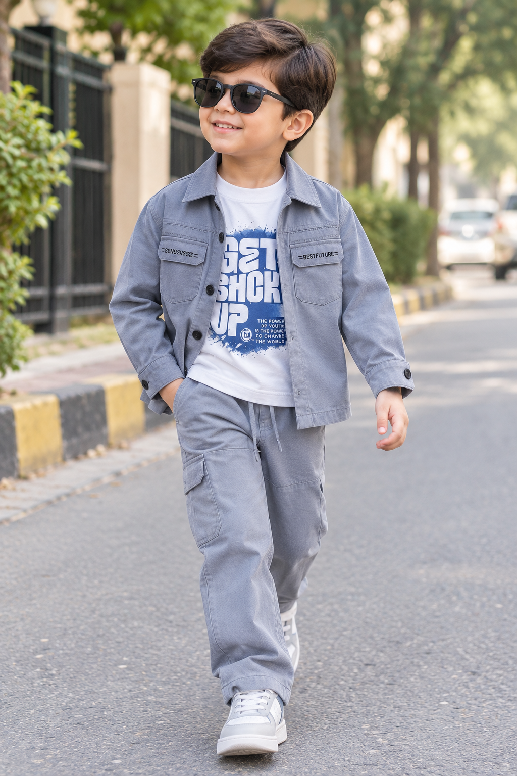 Boys 3-Piece Cotton Shirt Jacket Set With Printed T-Shirt And Matching Pants
