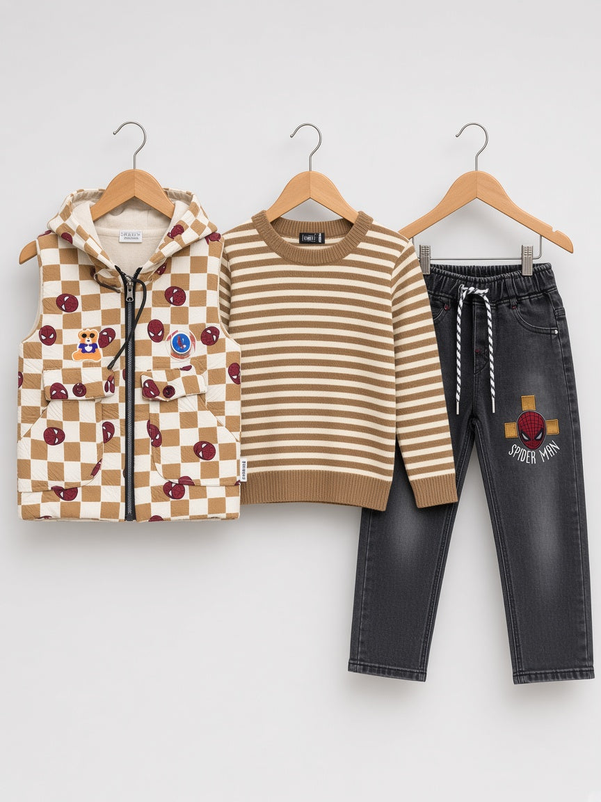 Stylish Kids Three Piece Checkerboard Vest Sweater And Denim Set