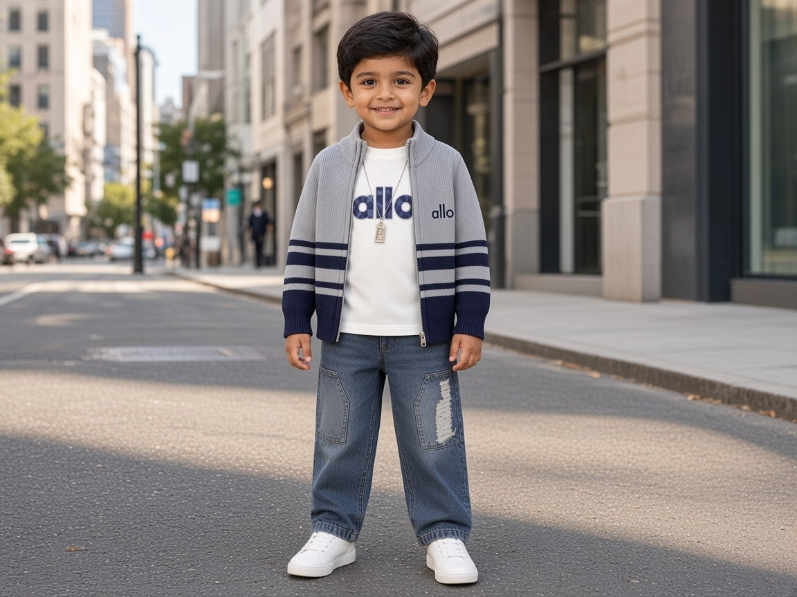 Stylish Kids Three Piece Zipper Cardigan Tee And Distressed Jeans Set