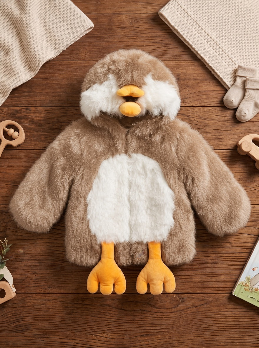 Plush Penguin Faux Fur Winter Coat with Attached Cute Feet and Hood for Kids