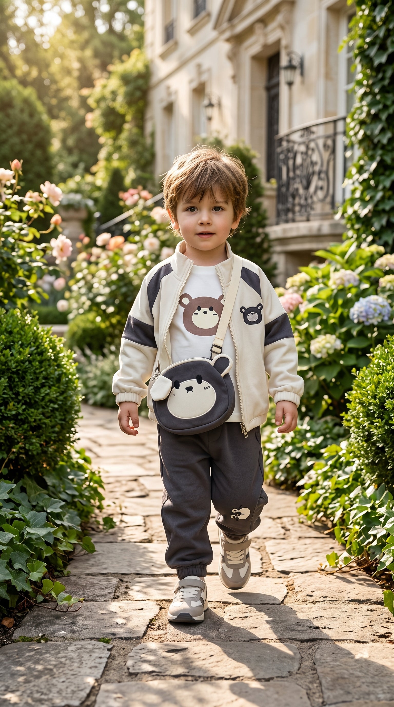 Cute Toddler Boy Bear Tracksuit Set With Matching Crossbody Bag And Cozy Jacket