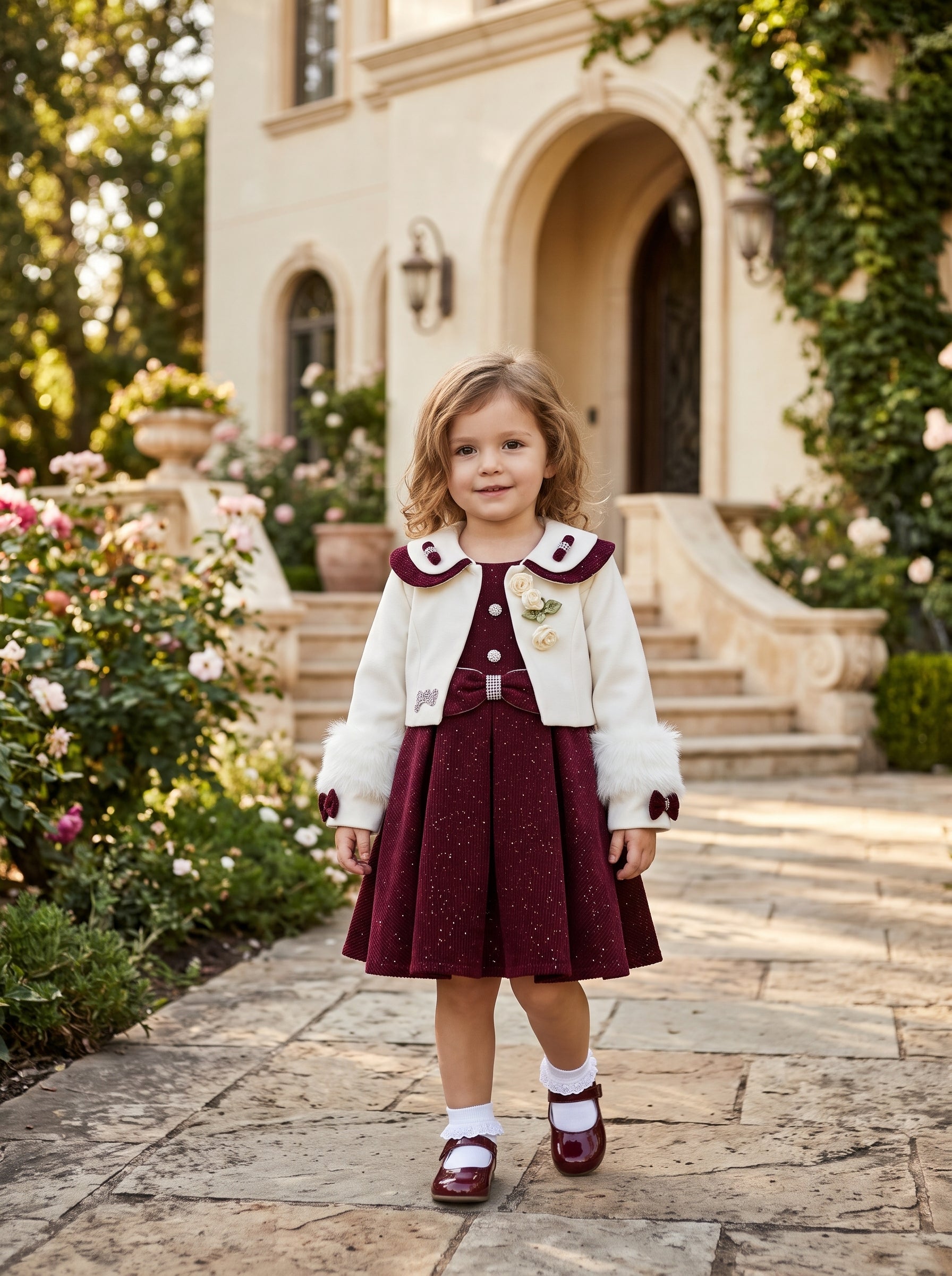 Elegant Maroon Shimmer Frock Paired With White Fur Trimmed Winter Coat Set