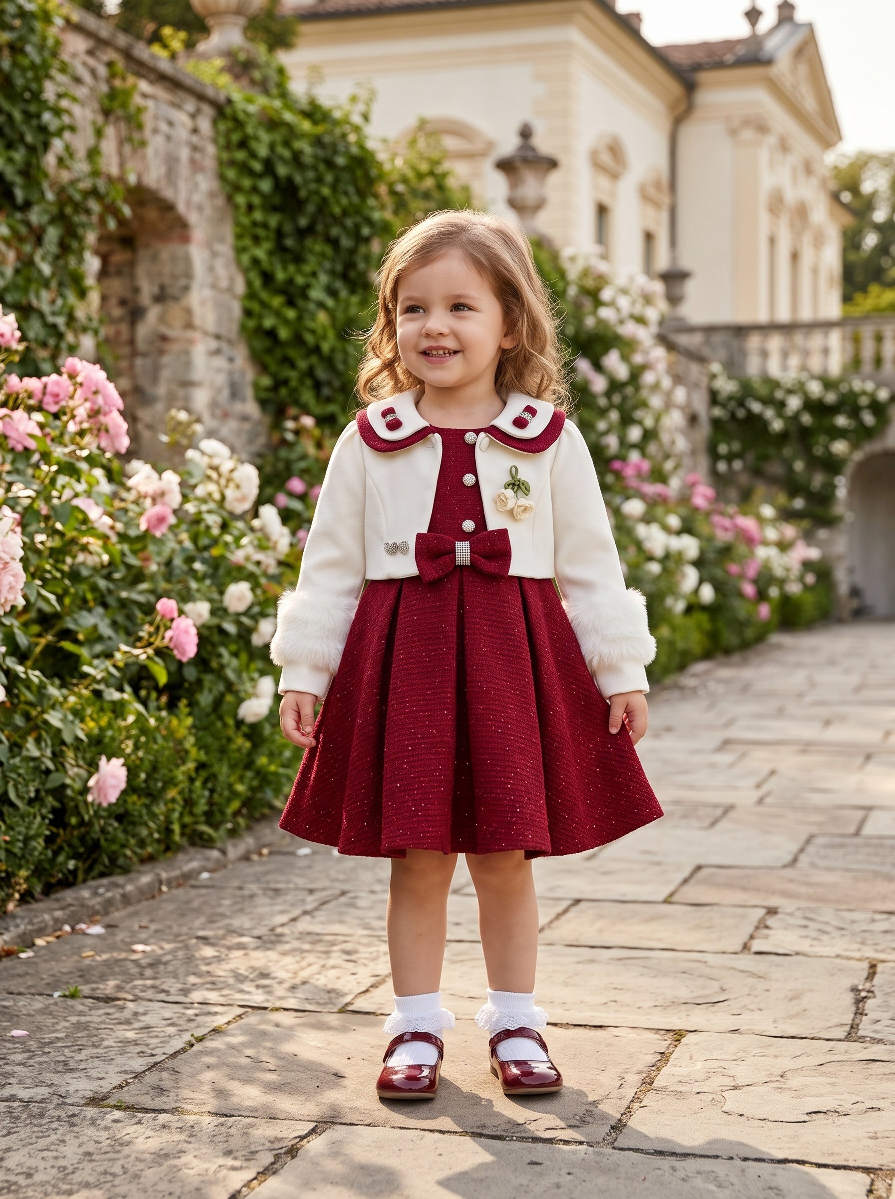 Elegant Maroon Shimmer Frock Paired With White Fur Trimmed Winter Coat Set