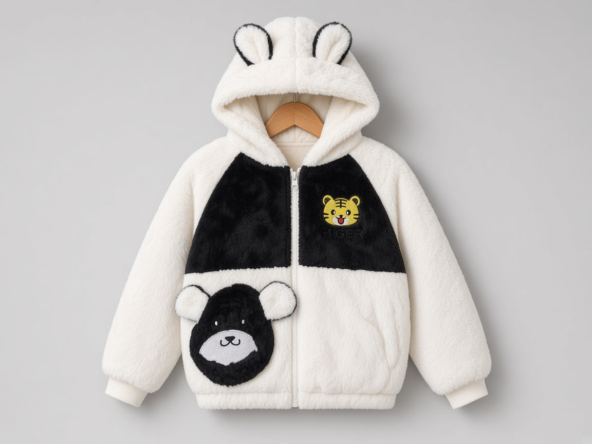 Kids Fluffy Furry Hooded Jacket And Matching Cute Animal Face Sling Bag Set