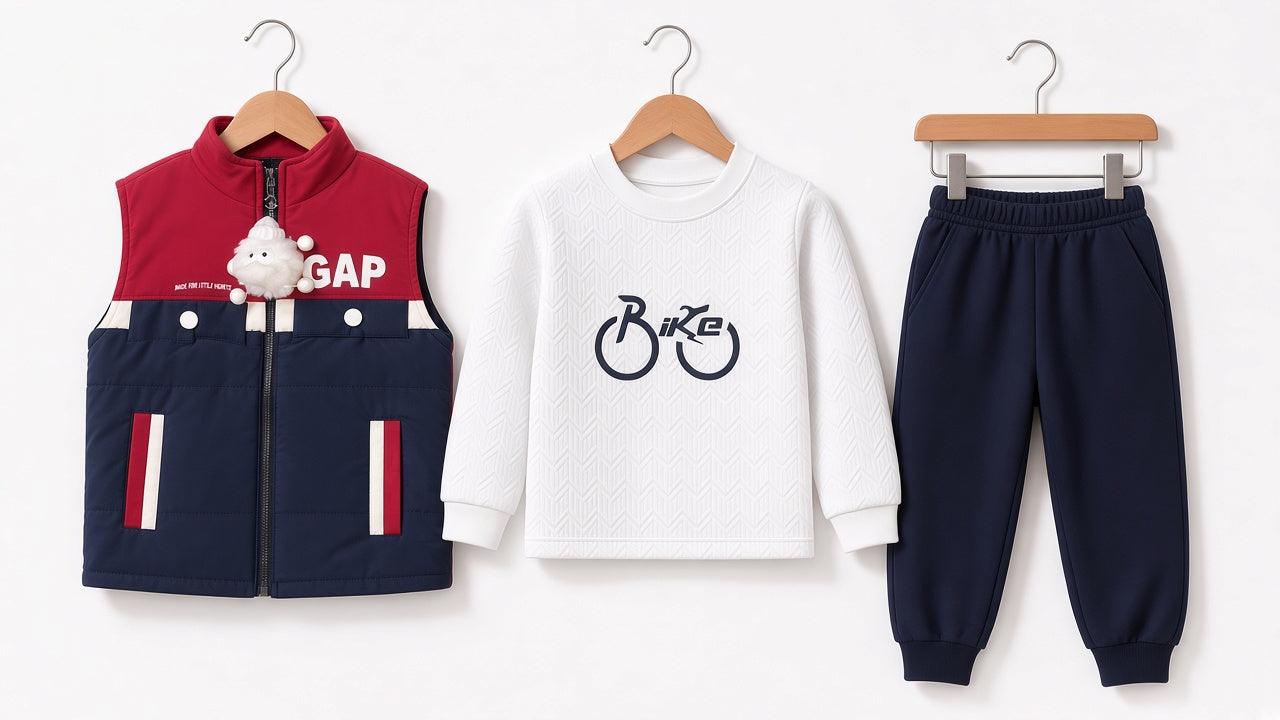 Kids Winter 3-Piece Sleeveless Puffer Vest Set With Bike Graphic Shirt And Joggers
