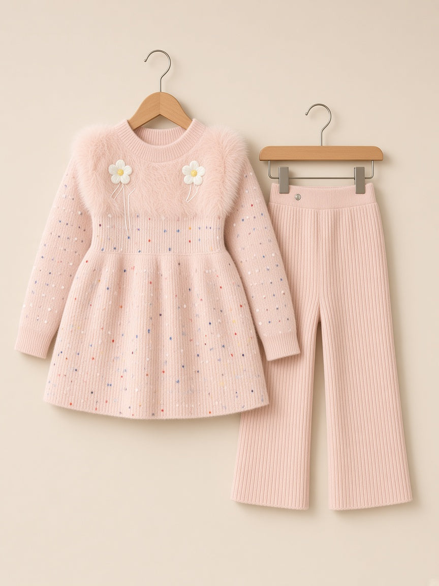 Girls Winter Knit Frock Set Fur Yoke Flower Accent Frock With Ribbed Trouser