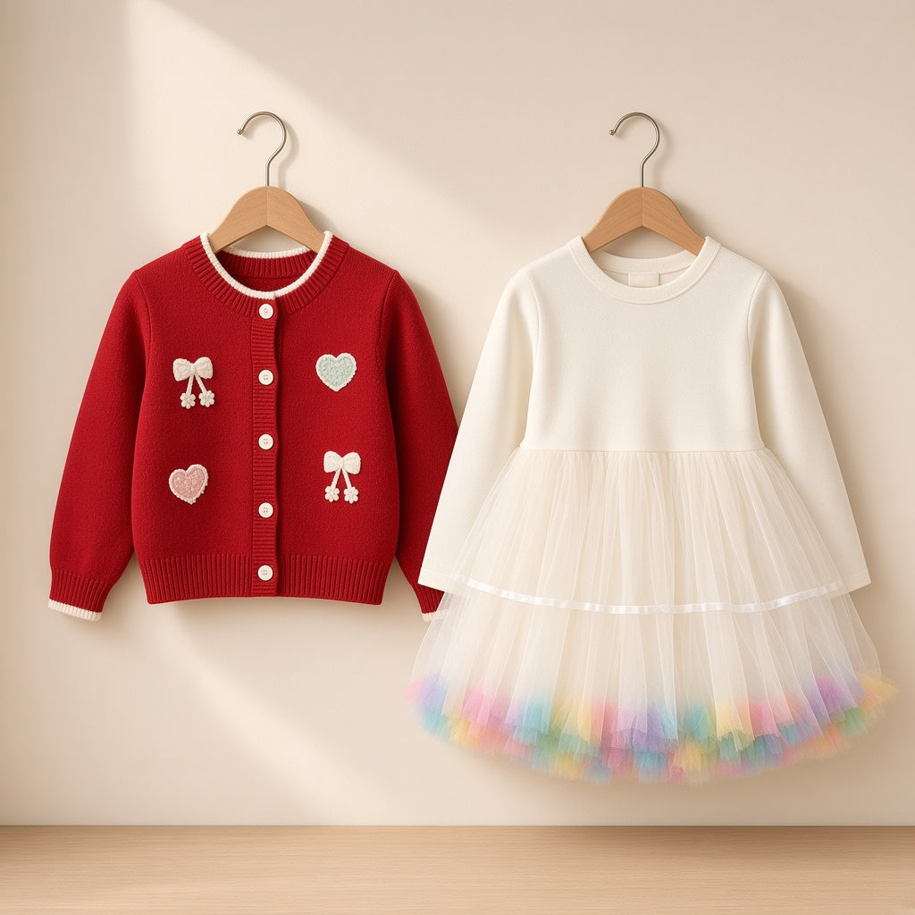 Stylish Kids Two Piece Embroidered Cardigan And Tulle Dress Outfit Set