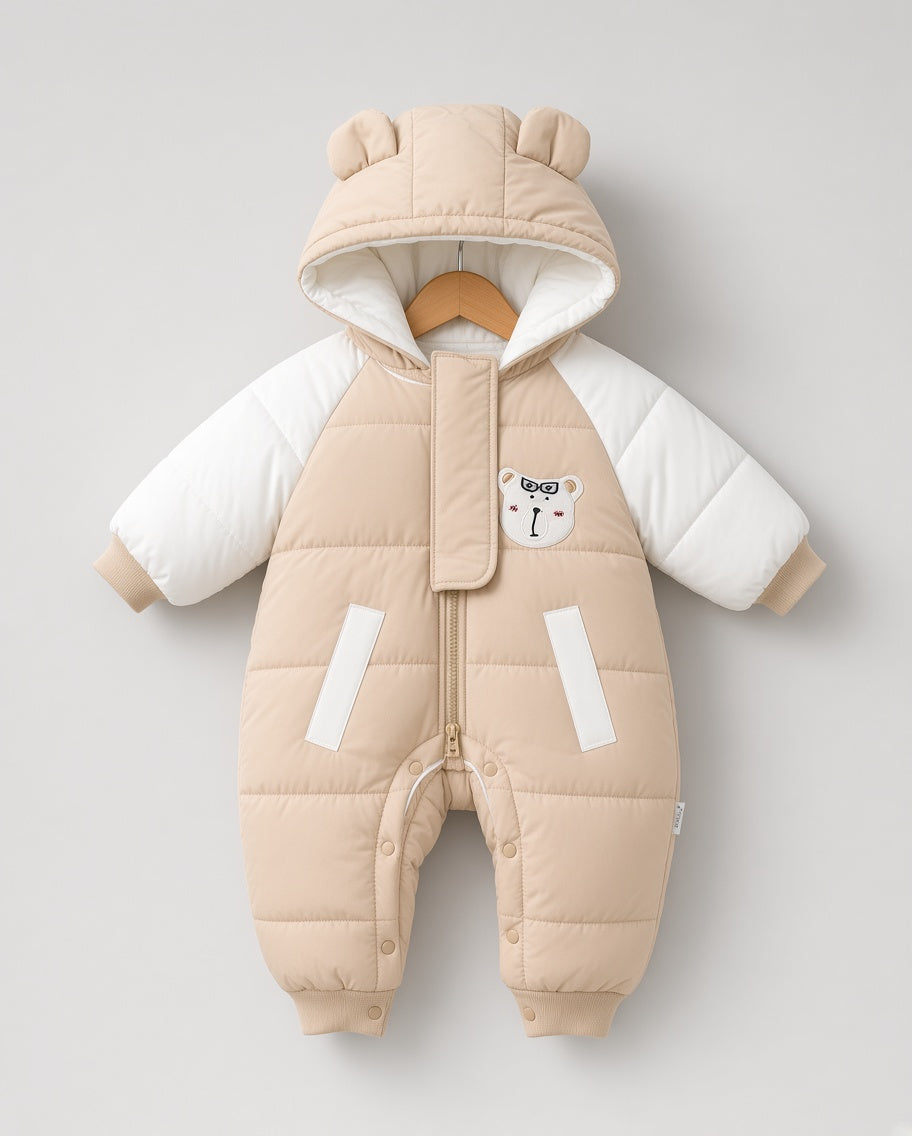 Baby Winter Padded Snowsuit Hooded Romper Jumpsuit With Bear Applique And Pockets