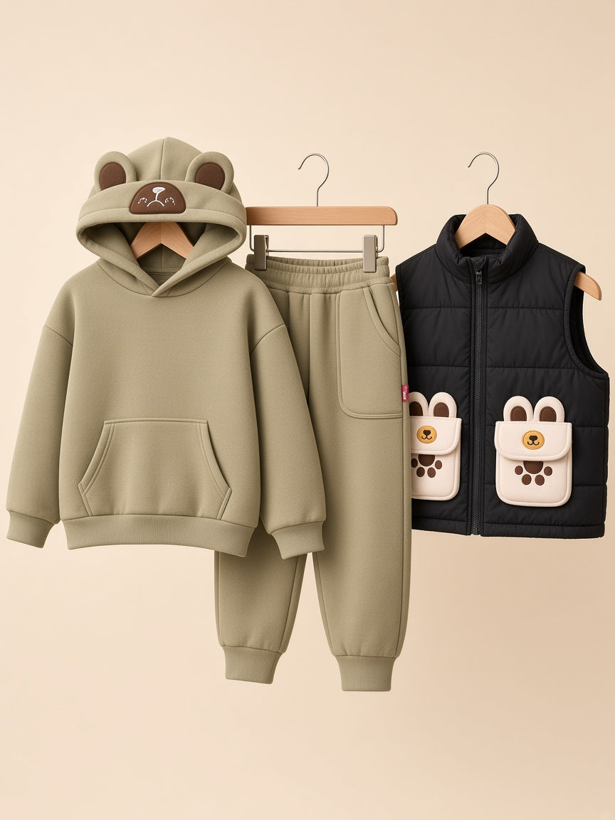 Kids Bear Ear Hooded Sweatshirt And Puffer Vest 3-Piece Winter Outfit Set