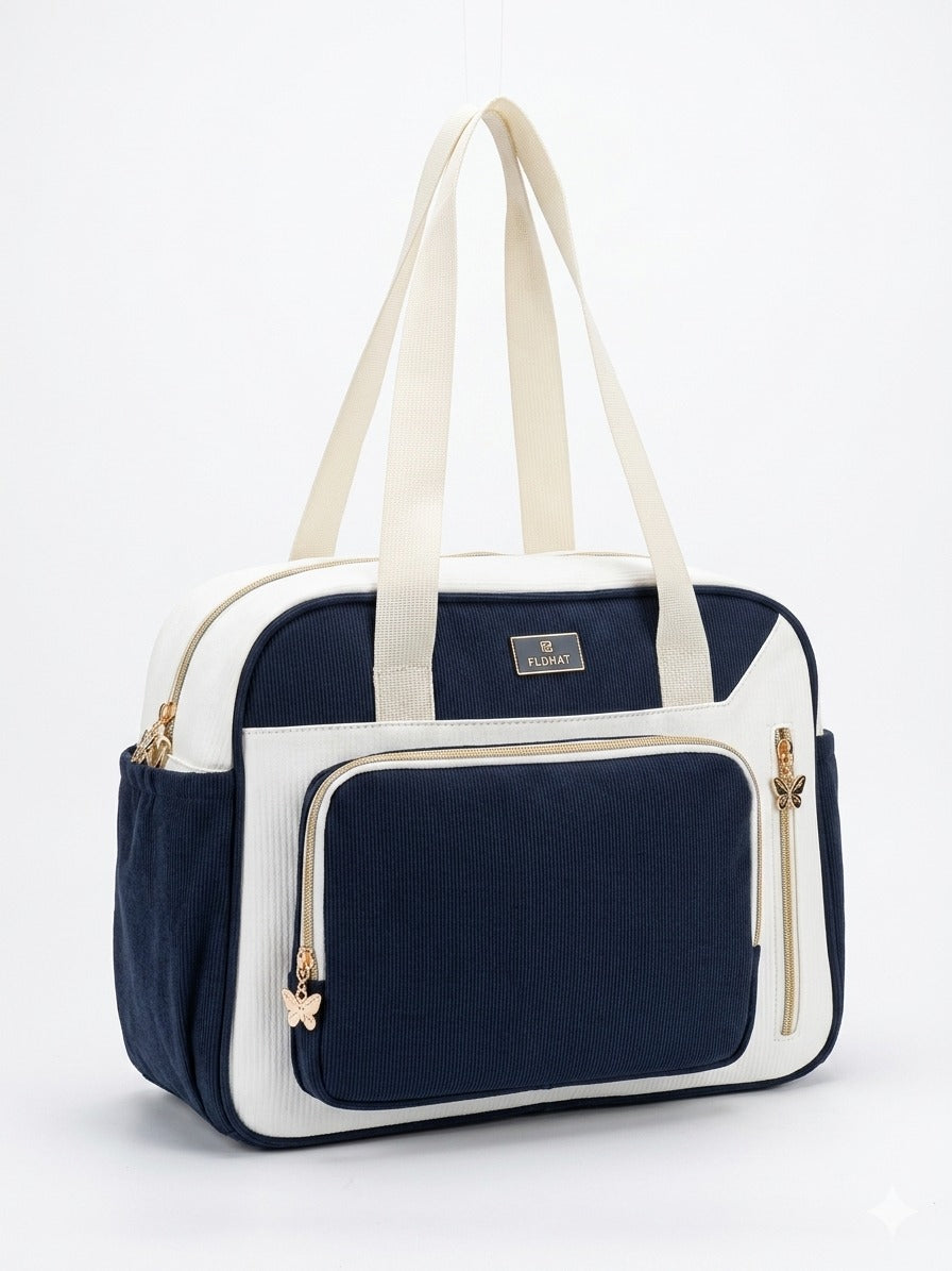Premium Corduroy Diaper Bag Large Capacity Travel Tote With Golden Butterfly Zippers And Multiple Pockets