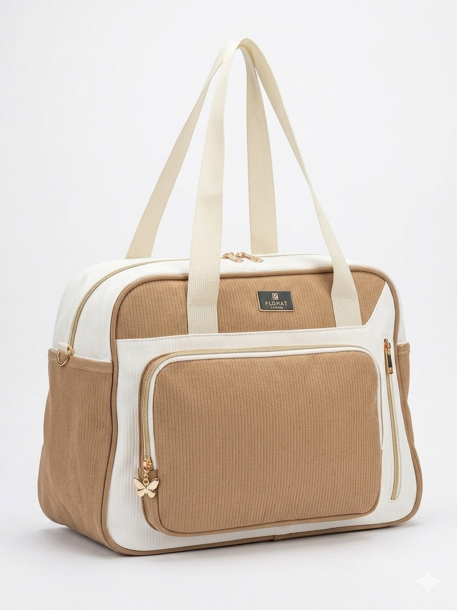 Premium Corduroy Diaper Bag Large Capacity Travel Tote With Golden Butterfly Zippers And Multiple Pockets